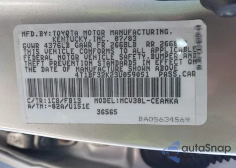 2003 Toyota Camry Le V6 from USA, damaged, VIN 4T1BF32K23U059051